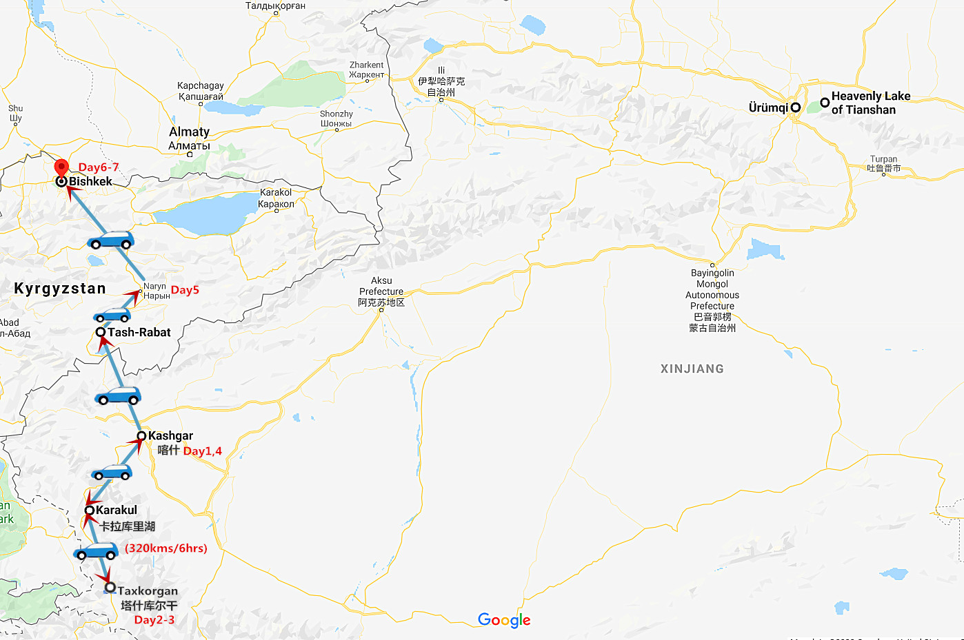 7 Days Kashgar to Bishkek Kyrgyzstan Tour Travel Map