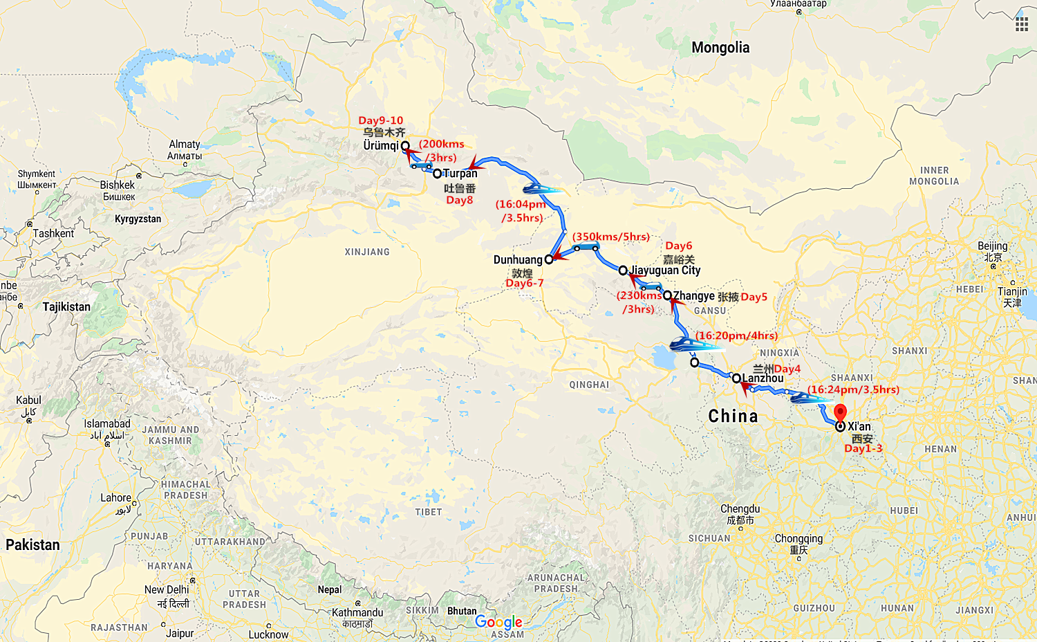 10 Days Silk Road Tour: Xi'an to Urumqi Travel Map
