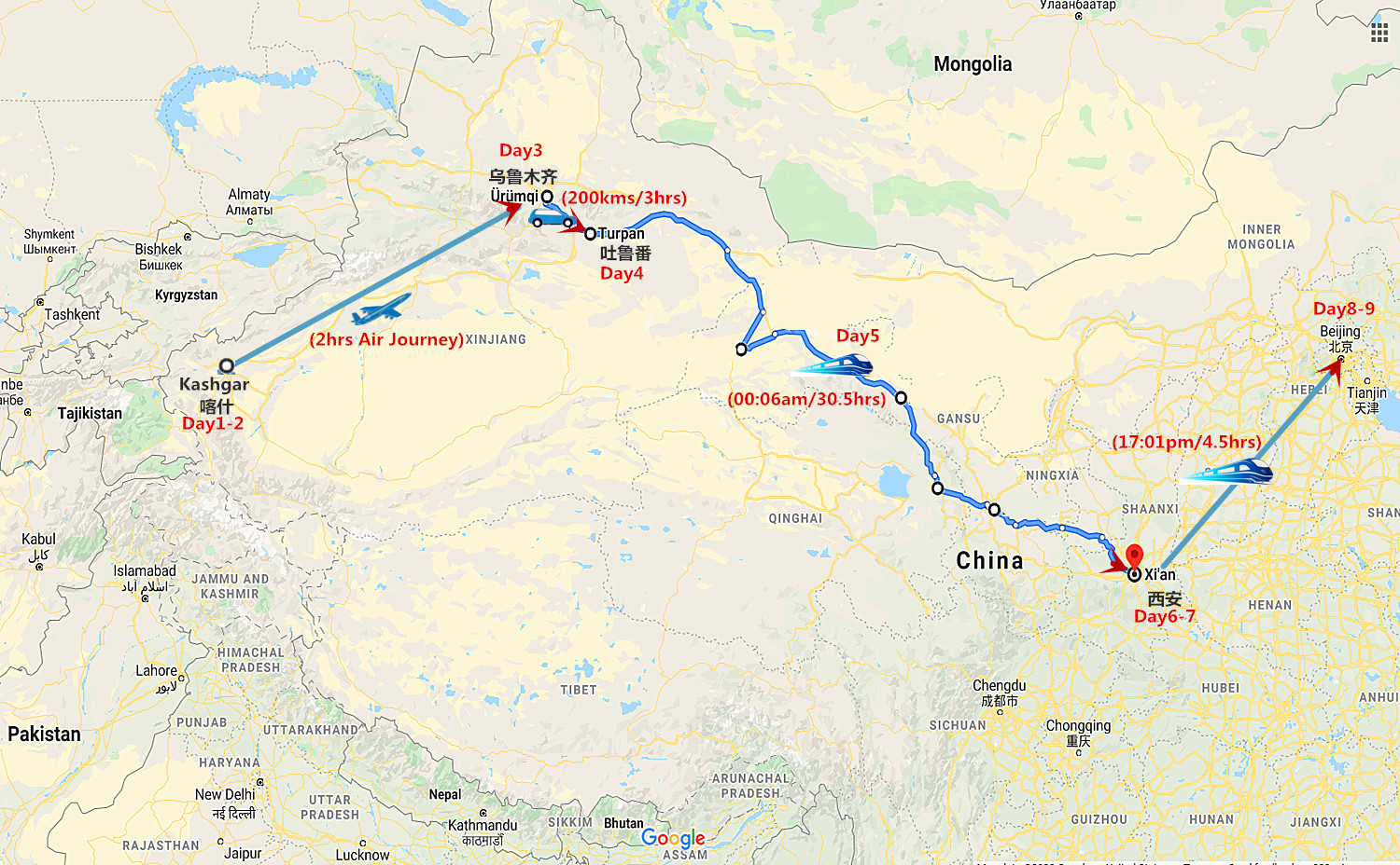 9 Days Luxury Silk Road Tour to Kashgar, Turpan, Xi'an and Beijng Travel Map