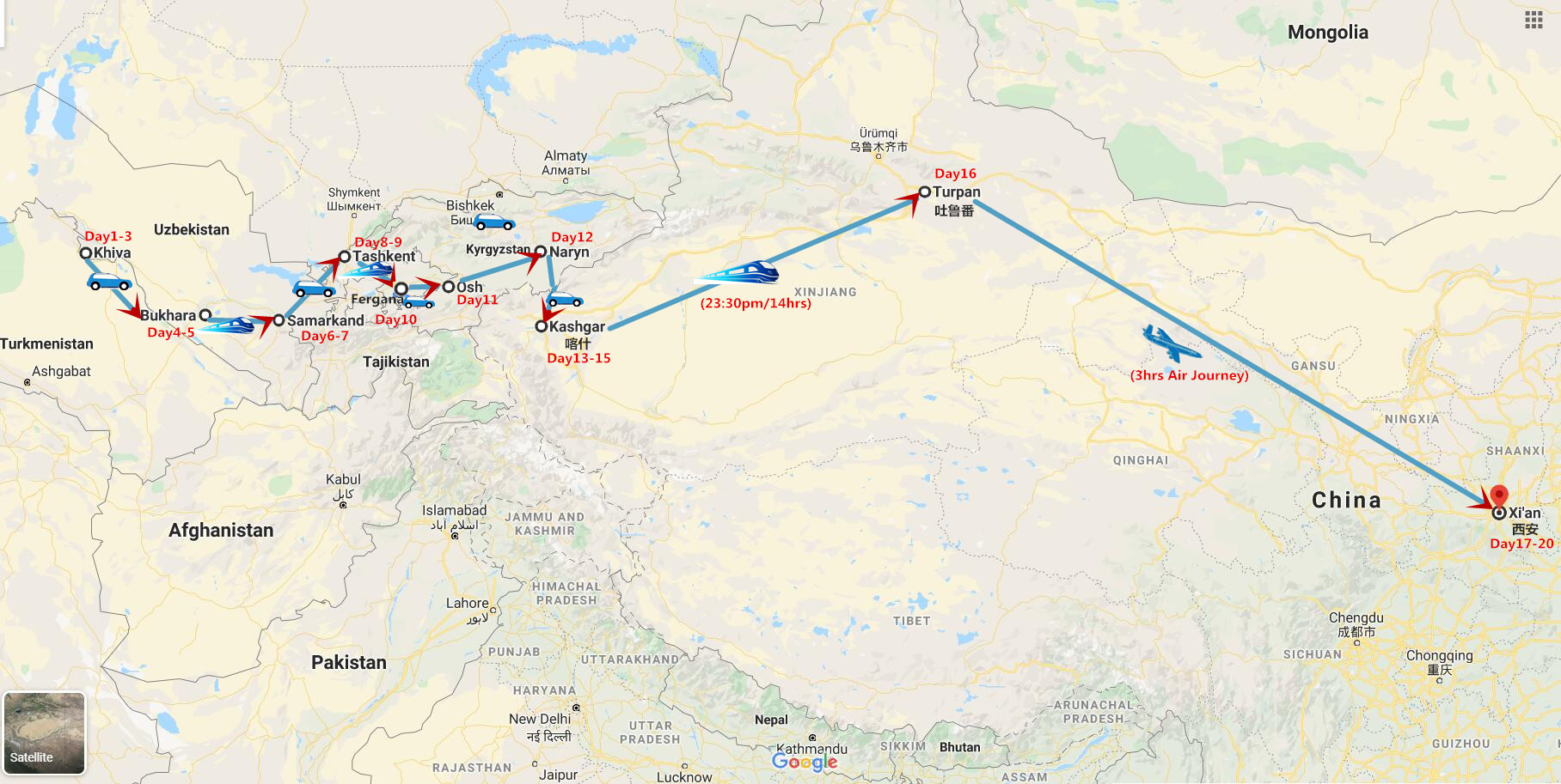 20 Days Silk Road to Uzbekistan Kyrgyzstan & China Travel Map