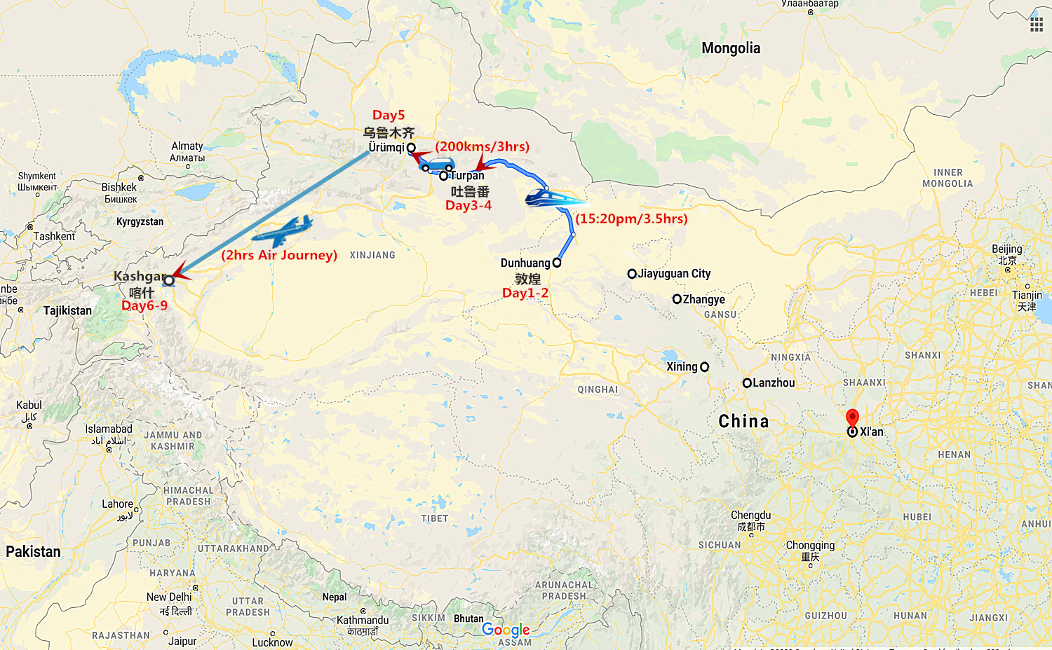 9 Days Silk Road Dunhuang and Xinjiang Tour Travel Map