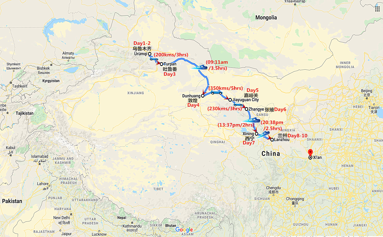 10 Days Silk Road Winter Tour from Urumqi to Lanzhou Travel Map