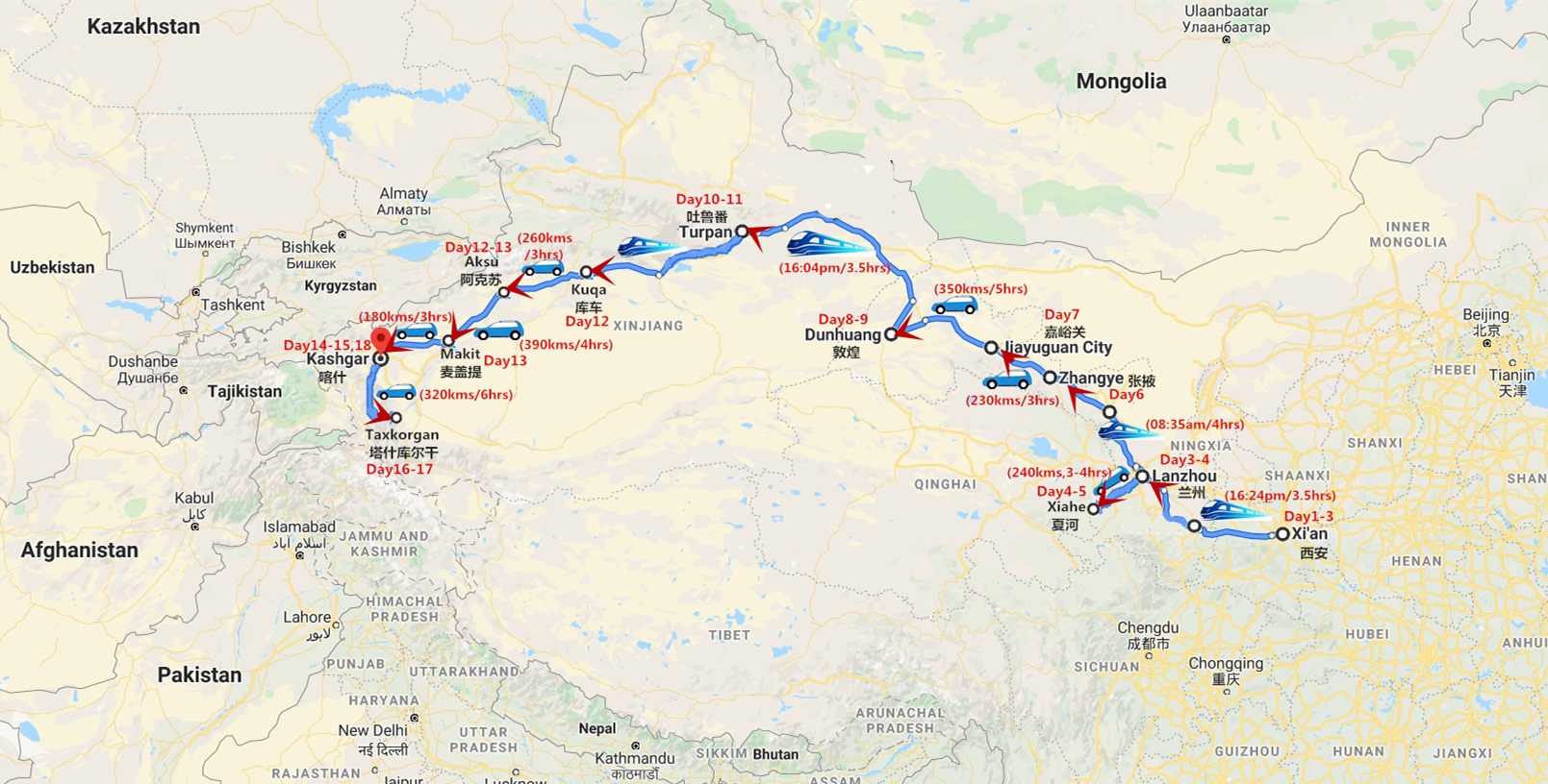 18 Days Travel Silk Road in China with Escorted Guide Travel Map