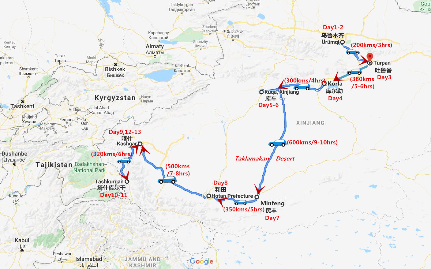 13 Days South Xinjiang Adventure Tour Travel Map