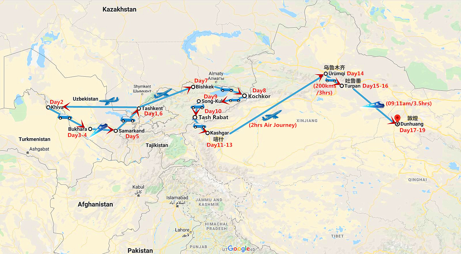Silk Road Tour to Uzbekistan,Kyrgyzstan and West China Travel Map