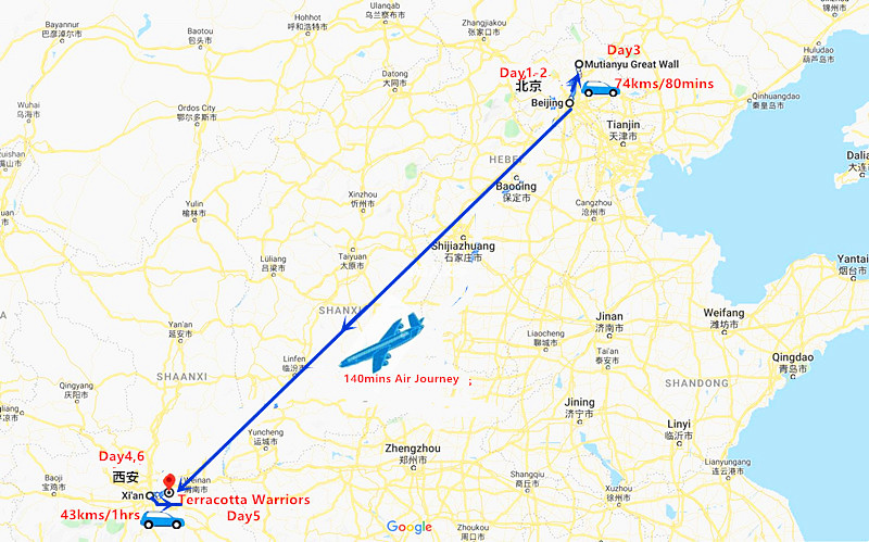 6 Days Beijing and Xi’an Tour Travel Map