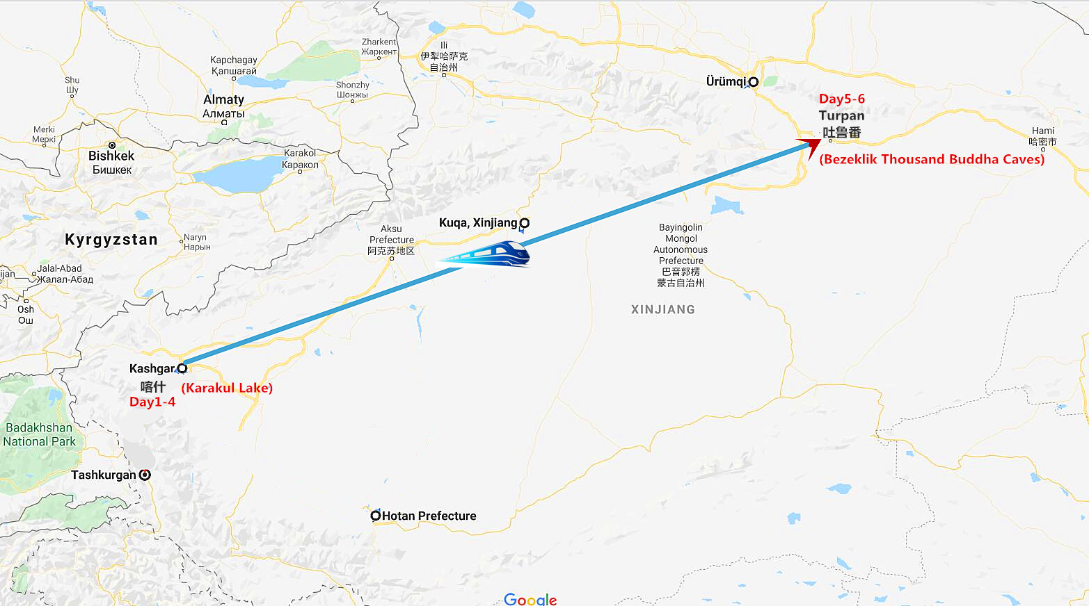 Kashgar to Turpan Tour by Train Travel Map