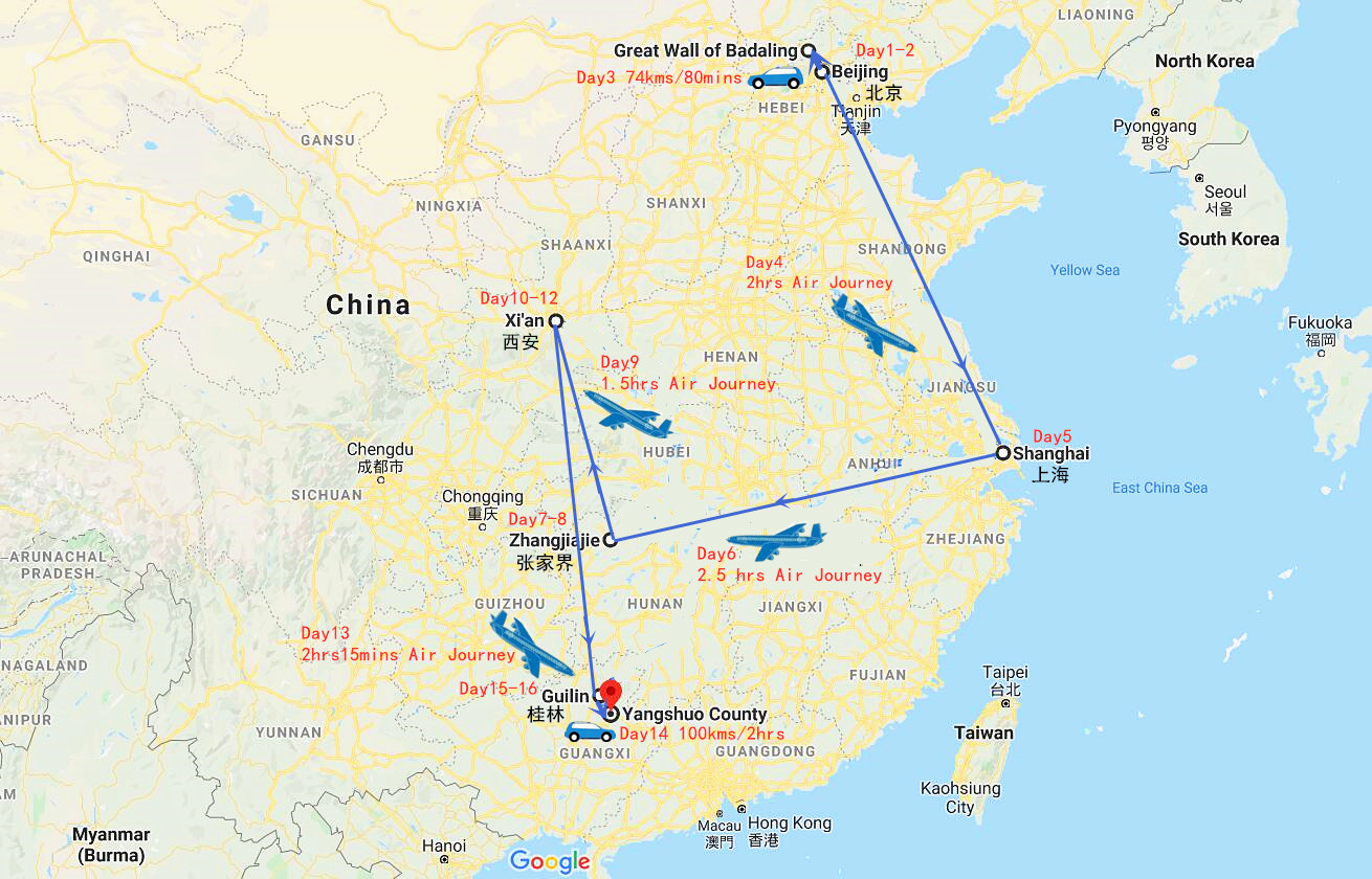 16 Days China Nature Tour Travel Map