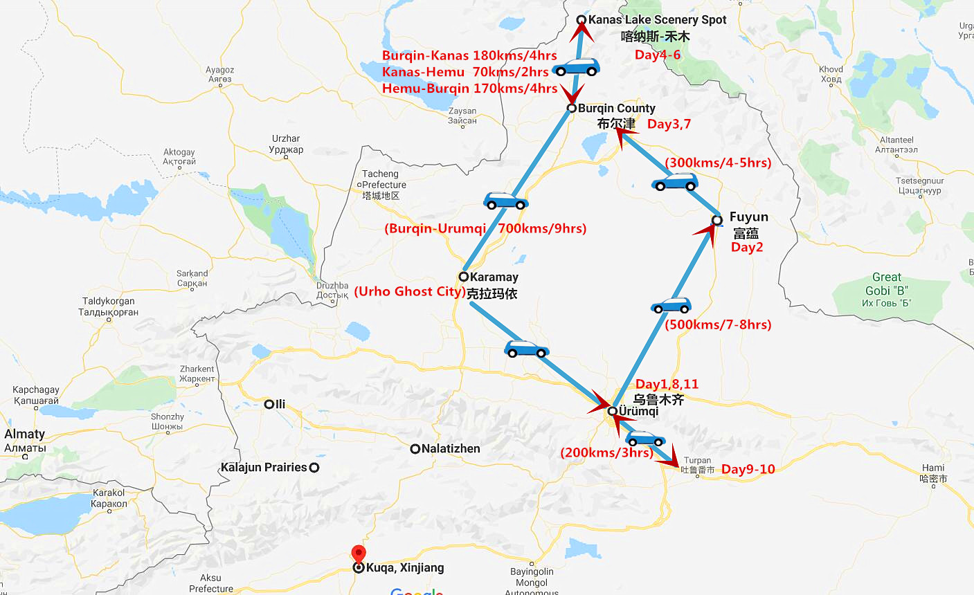 11 Days Northern Xinjiang Tour: Keketuohai, Kanas Lake and Turpan Travel Map