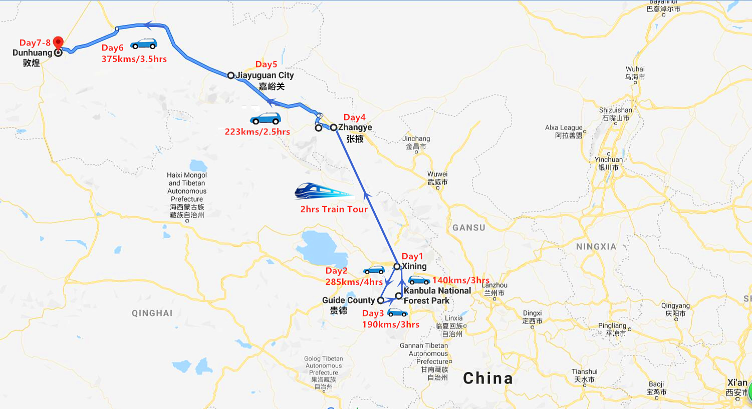 8 Days West China Tour: Xining, Zhangye and Dunhuang Travel Map