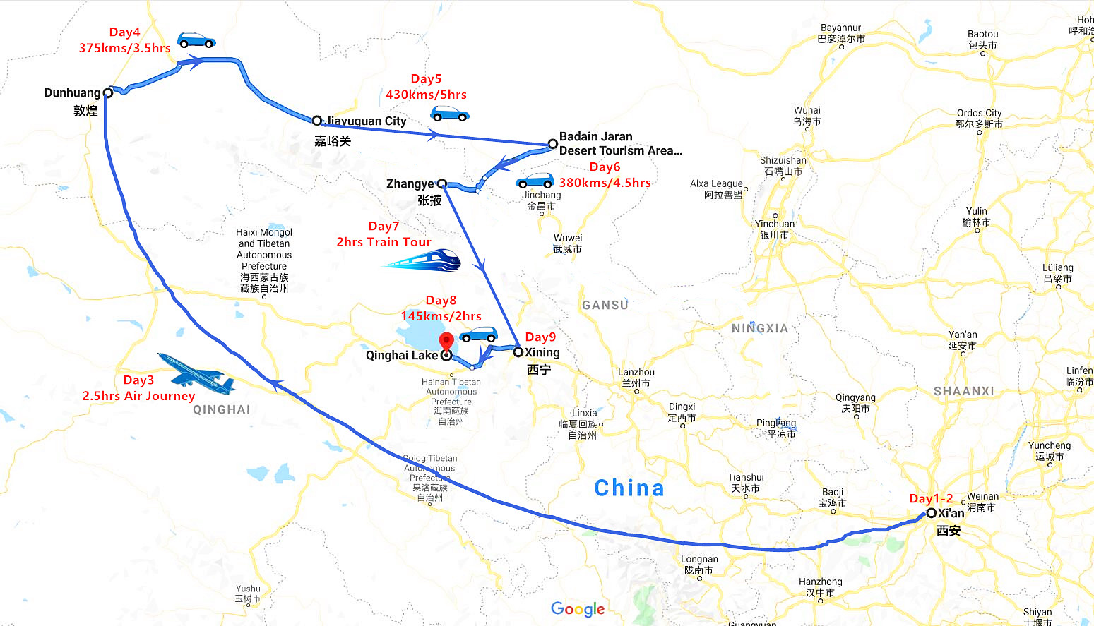 9 Days Silk Road Tour to Xi'an Gansu and Qinghai Travel Map
