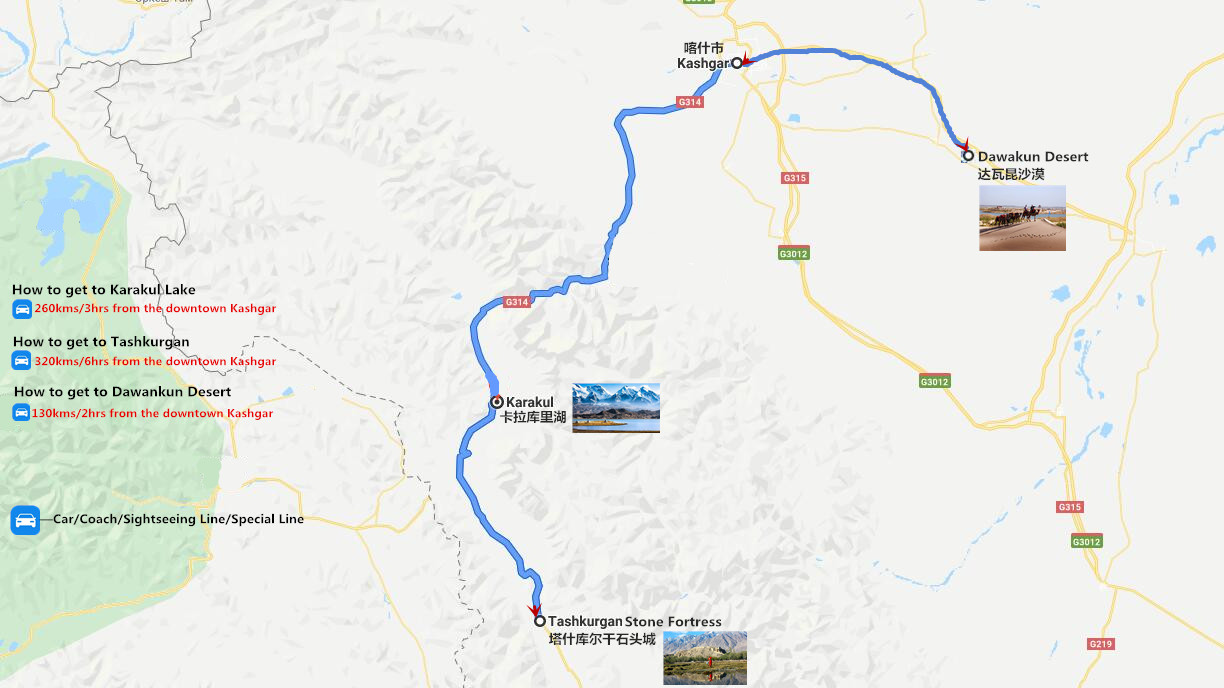 4 Days Taxkorgan and Dawakun Desert Tour Travel Map