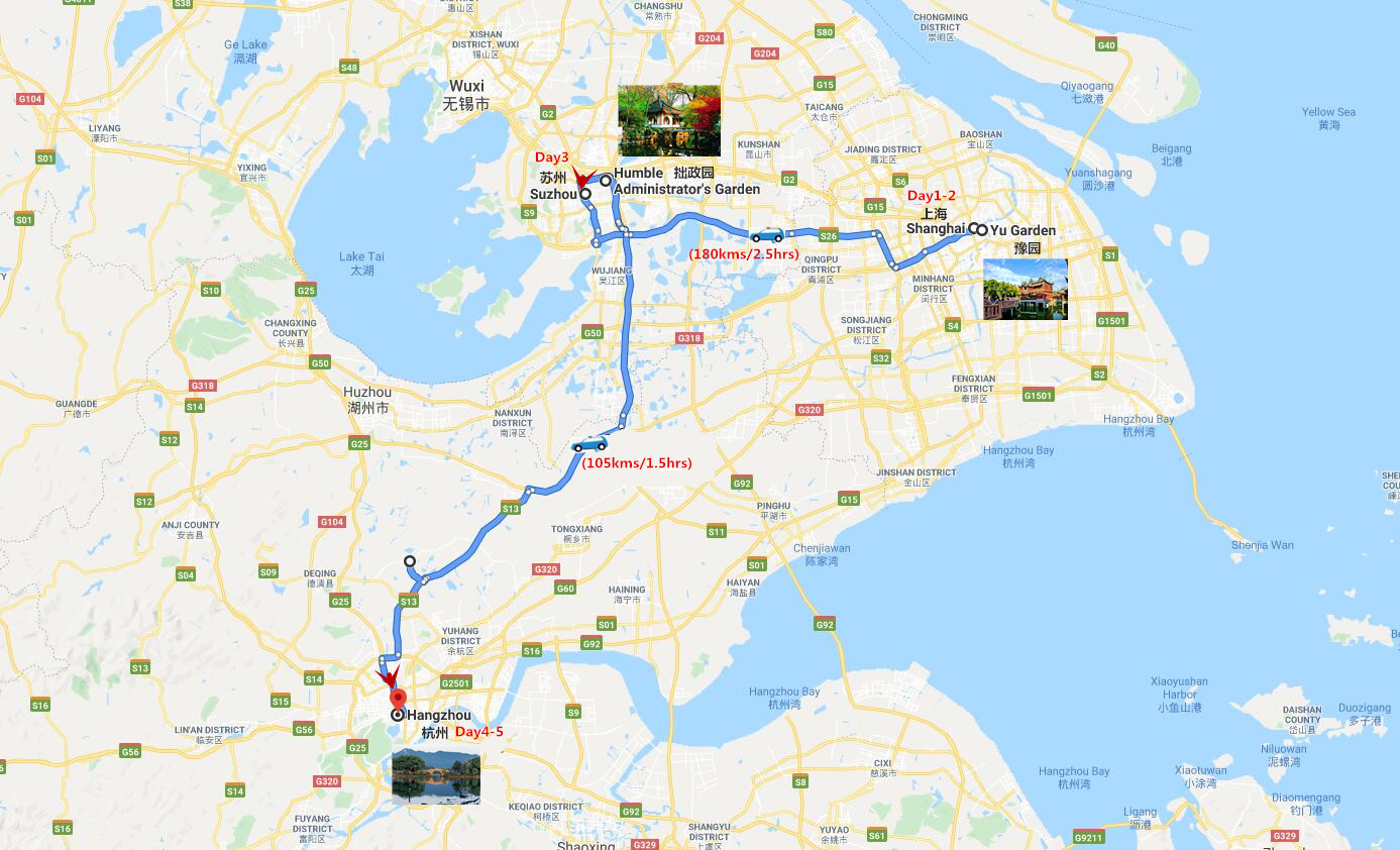 5 Days Shanghai - Suzhou and Hangzhou Private Tour Travel Map