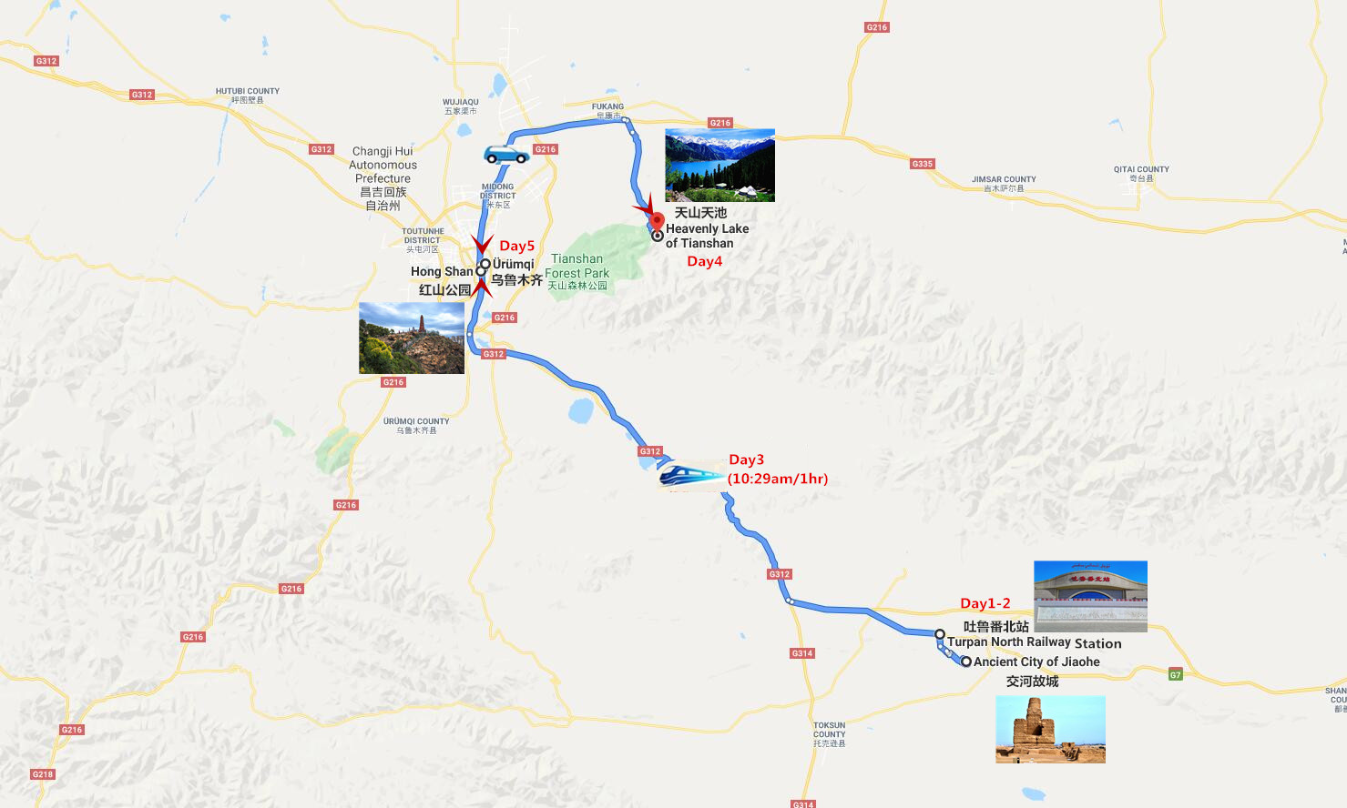 5 Days Tour from Turpan to Urumqi Travel Map