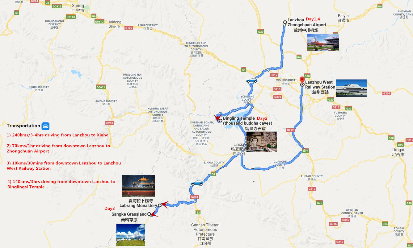 Lanzhou Binglingsi Temple and Xiahe Labrang Monastery Tour Travel Map