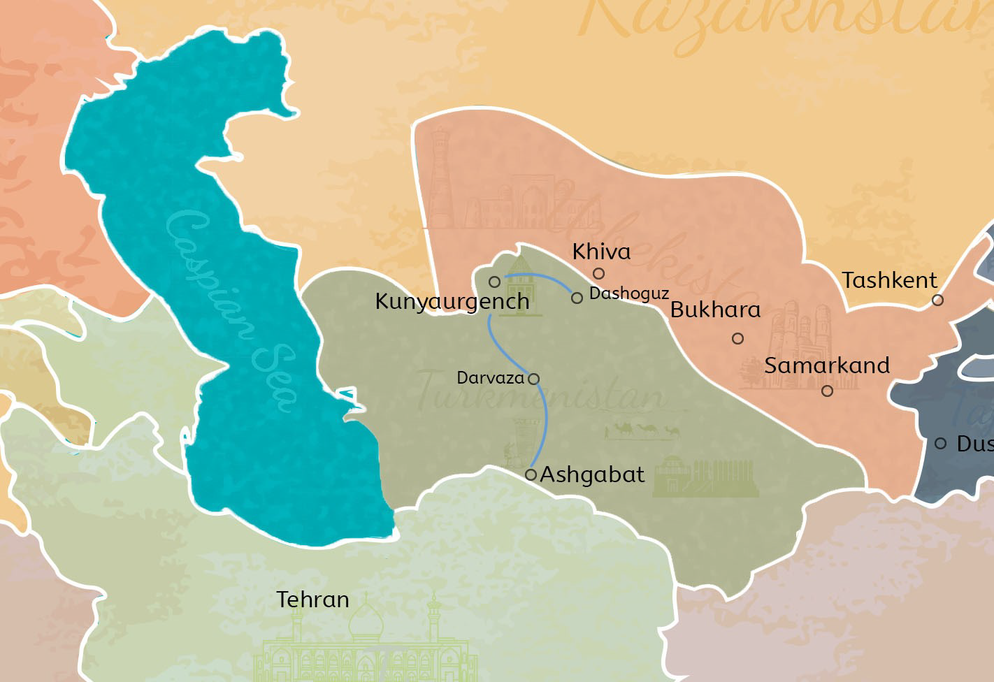 3 Days Turkmenistan Tour to Ashgabat, Darvaza and Dashoguz Travel Map