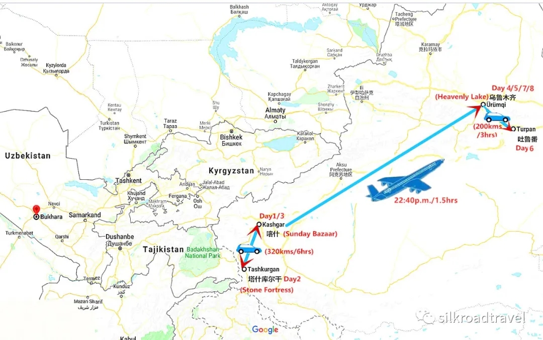 8 Days Classic Xinjiang Tour to Kashgar, Turpan and Urumqi Travel Map
