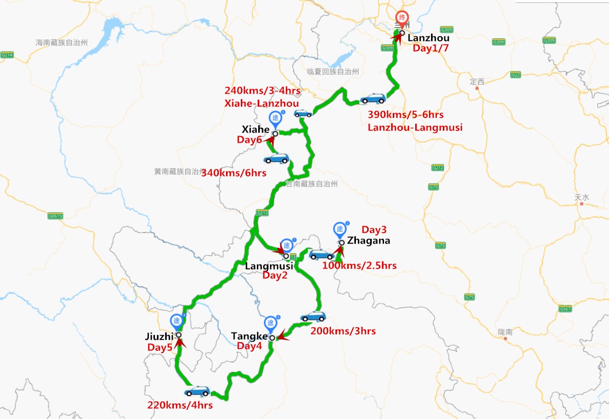 Gannan Tibetan Exploration to Xiahe, Langmusi & Zhagana Travel Map