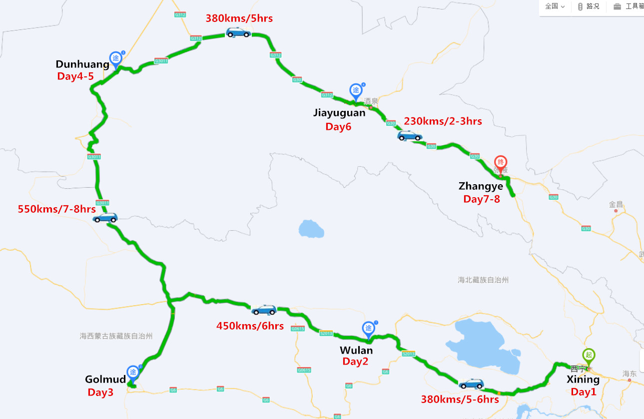 8 Days Adventure Tour to Qinghai&Gansu Travel Map