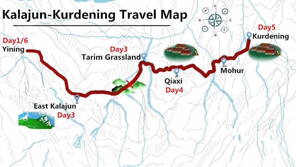 6 Days Xinjiang Horseback Travel: East Kalajun to Kurdening Travel Map