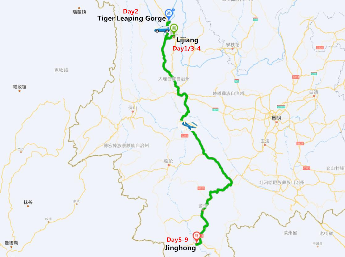 9 Days Yunnan Adventure to Leaping Gorge and Xishuangbanna Travel Map