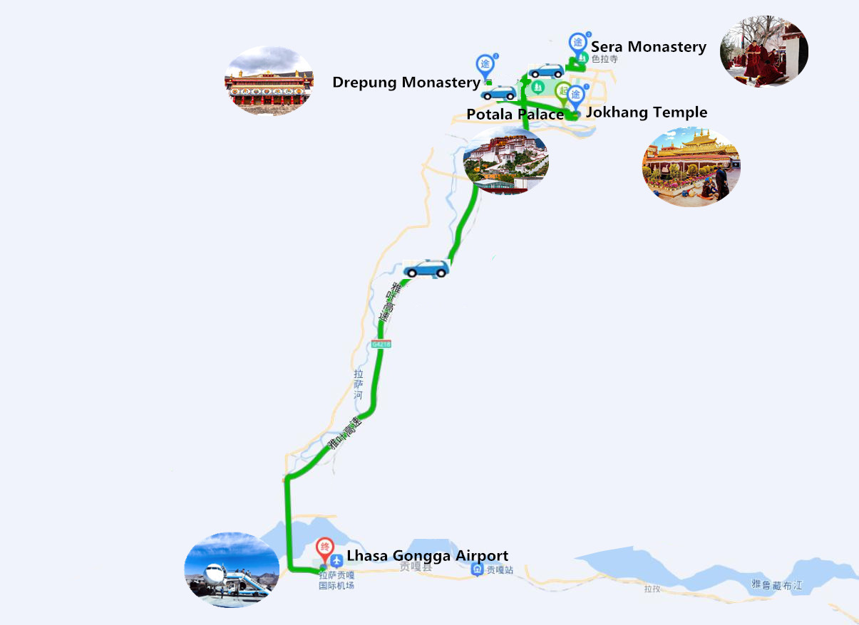4 Days Lhasa City Tour Travel Map