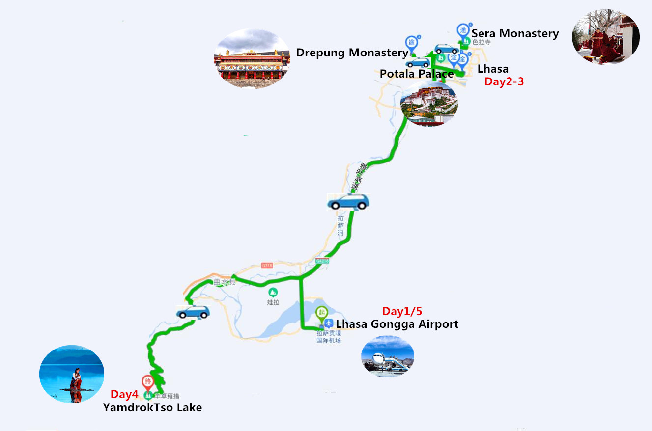 5 Days Lhasa and YamdrokTso Lake Tour Travel Map