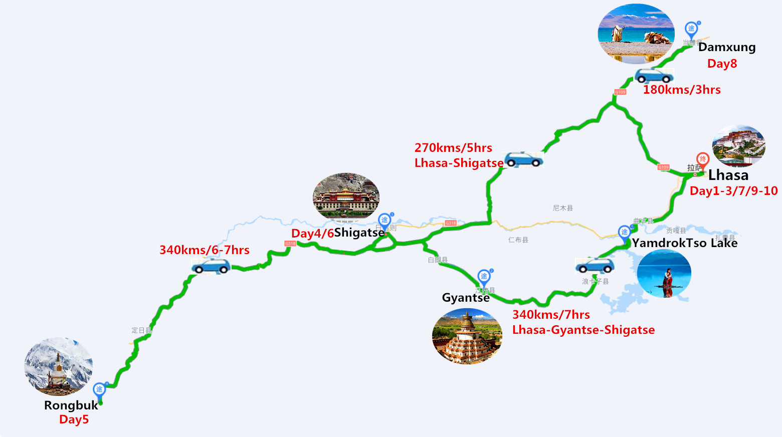 10 Days Tibet Tour to Lhasa, Everest Base Camp and Namtso Lake Travel Map
