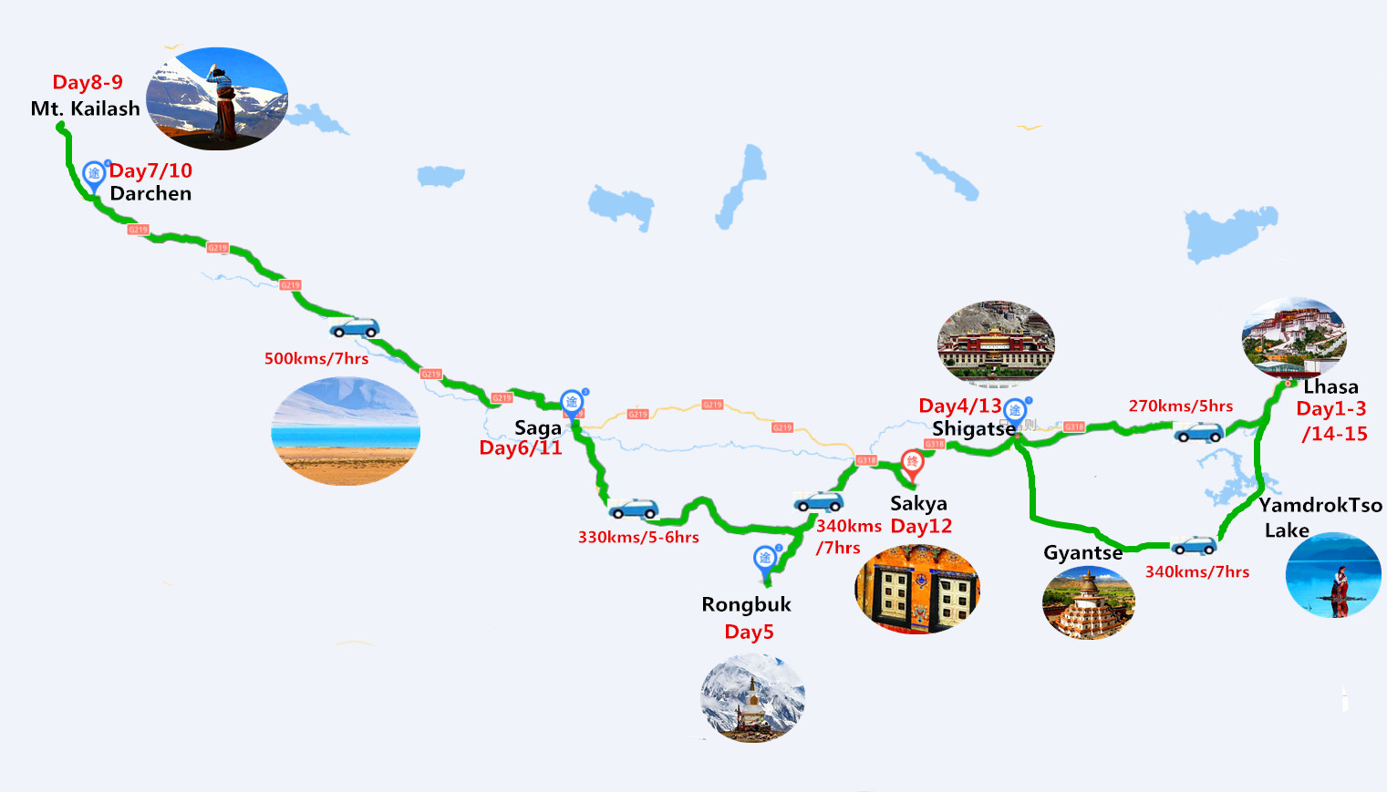 15 Days Lhasa to Kailash Pilgrimage Tour Travel Map