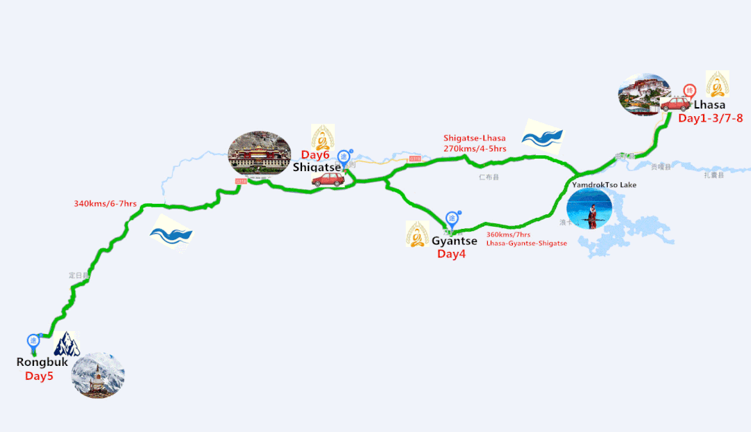 8 Days Tibet Group Tour from Lhasa to Everest Base Camp Travel Map