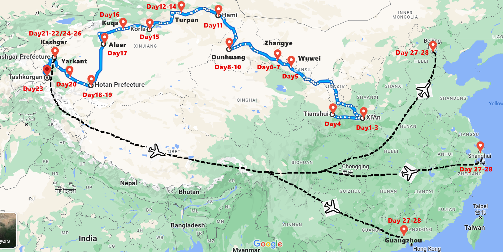 28 Days Silk Road Tour to Xi'an, Gansu and Xinjiang by Luxurious Coach Travel Map