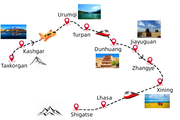 23 Days China Tour to Xinjiang, Silk Road and Tibet Travel Map